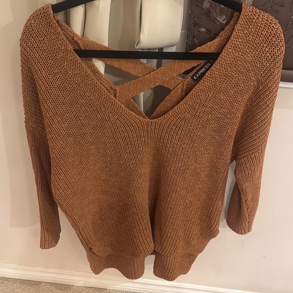 Express Brown V-Neck Sweater with Elegant Back Detail - Picture 1 of 3